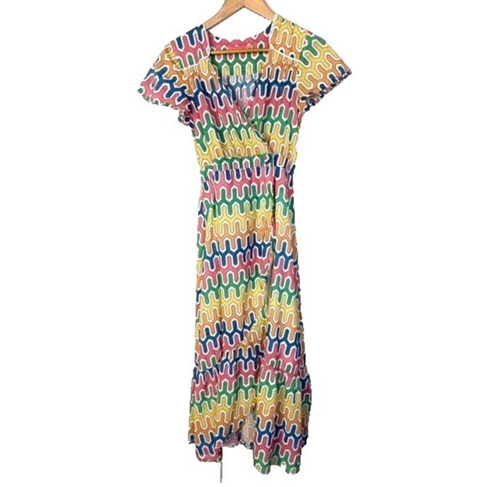 Vilagallo Colorful Wrap Midi Dress Womens 8 Resortwear Rainbow Maximalism Beach